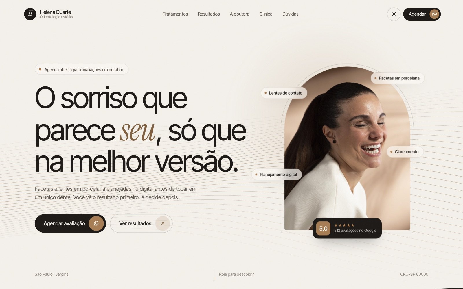 Hero com retrato em arco e selos flutuantes — Dra. Helena Duarte