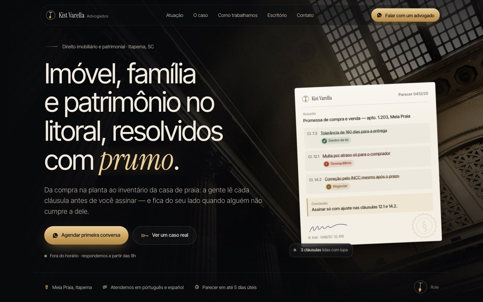 Hero com colunas e parecer em destaque — Kist Varella Advogados